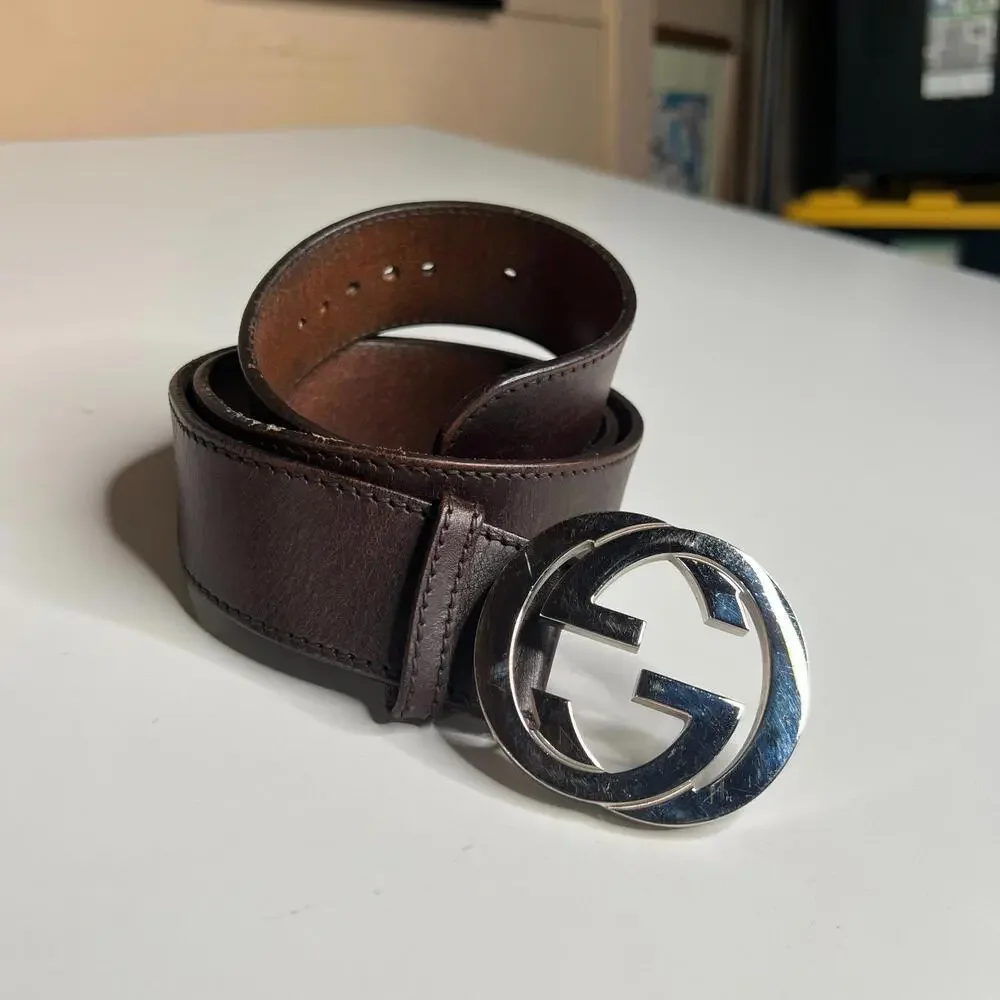 Gucci Men’s Leather Belt Brown GG Silver Buckle 114876 Made in‎ Italy